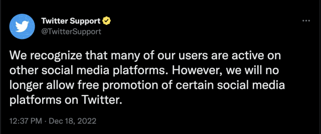 We recognize that many of our users are active on other social media platforms. However, we will no longer allow free promotion of certain social media platforms on Twitter.