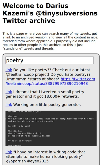 Screenshot of a search interface on a very simple web page, which is what you will get if you click the link in the post. "poetry" is typed in to the search input, and the results are tweets that I have written about poetry.