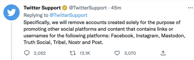Twitter Support tweet from today with the new rules that tell you you MUST NOT MENTION OTHER PLATFORMS or ELSE