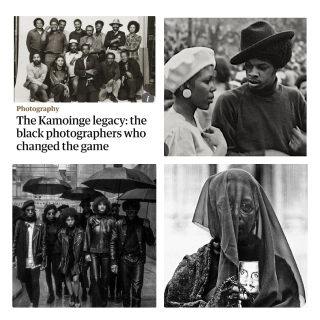 4 black & white photos: 1. Group of  Kamoinge Photographers. 2. black man wearing large hat & woman wearing beret.  3. Group of young black people wearing leather, carrying umbrellas in rain. 4. Mourning black woman with veil & photo in hand