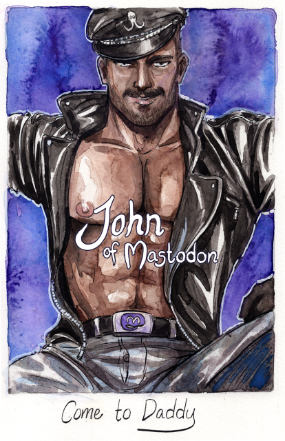 Watercolour Fanart of John Mastodon in the style of Tom of Finland. John is looking at us, super gay and leathery and big muscle boy like. His leather jacket is open and he looks like he's inviting you to sit on his lap. Will you accept?