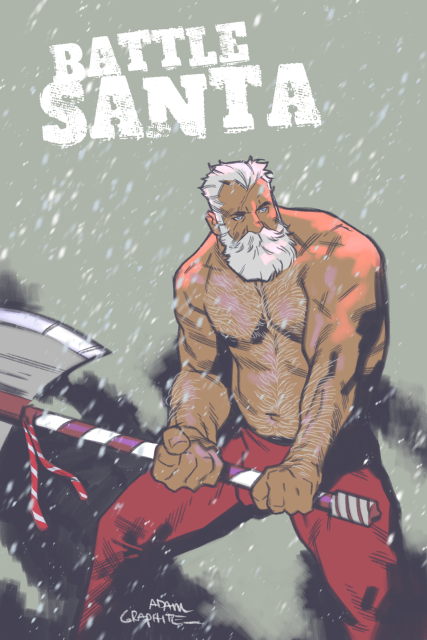 Santa, muscular and shirtless carries an ax into battle