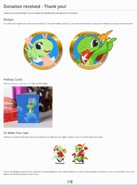 Screenshot of the fundraiser "Thank you" page, showing badges, cards and the new Katie and Konqi Kristmas mascots.