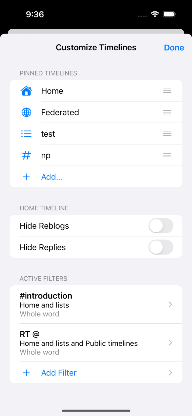 Screenshot of the Filters screen, but it's been renamed to Customize Timelines. A new section at the top is titled Pinned Timelines and has items for Home, Federated, a Test list, and #np. There are also two new toggles fo Hide Reblogs and Hide Replies