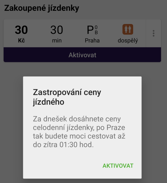 Dialog aplikace PID Lítačka po aktivaci čtvrté jízdenky za 30 Kč v řadě:

Zastropování ceny
jízdného

Za dnešek dosáhnete ceny celodenní jizdenky, po Praze tak budete moci cestovat až do zítra 01:30 hod.