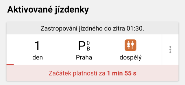Aktivovaná jízdenka zvaná „Zastropování ceny jízdného do zítra 01:30.“