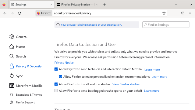 Screenshot of Firefox Data Collection and Use section showing the defaults in the settings which allow Allow firefox to send technical and interaction data to Mozilla, Allow Firefox to make personalized extension recommendations and Allow Firefox to install and run studies.