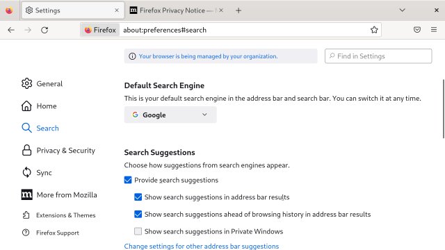 Screenshot showing that the default search engine in the Firefox browser is Google.