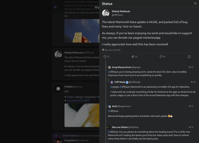 Screenshot of Phanpy at a desktop size in dark mode, showing a thread open in the sidebar on the right.