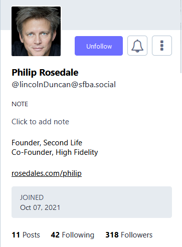 Screen capture of Philip Rosedale's Mastodon profile