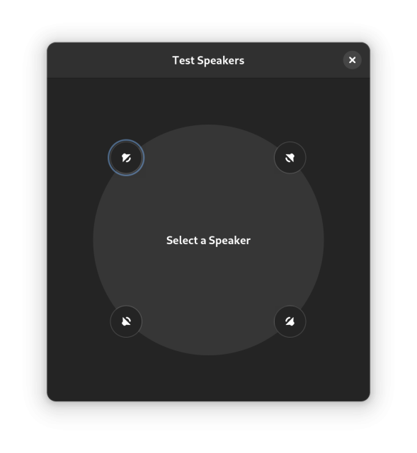 A screenshot of the redesigned "Test Speakers" window in GNOME Control Center.