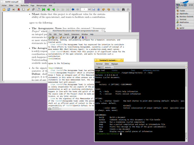 Capture d'écran d'un bureau Haïku OS avec 3 fenêtres un peu superposé, de bas en haut : une visionneuse PDF, un éditeur de code avec le fichier .tex correspondant, et un terminal affichant le help de tectonic.