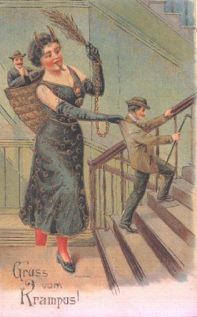Greetings card depicting the Krampus as a woman with horns and her tongue sticking out, carrying a man in a basket on her back. She is grabbing a man off some stairs and holding a switch aloft.


