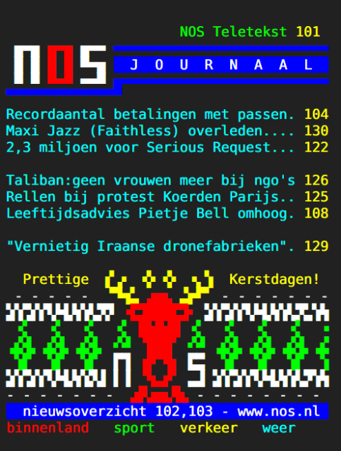 A screen capture of NOS Teletekst, the Dutch public broadcaster's Teletext service.

The screen capture displays the news index on page 101, which contains a special graphic of a raindeer and Christmas trees in celebration of the holidays.

The graphic is accompanied by the tekst "Merry Christmas!" in Dutch ("Prettige Kerstdagen!").