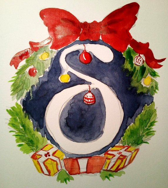 A cute painted greek delta in a with green twigs, some xmas balls and presents 