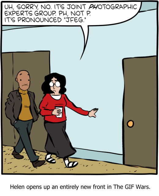 Cartoon with a person explaining that JPEG should be pronounced “J-feg” because the P stands for PHotographic.