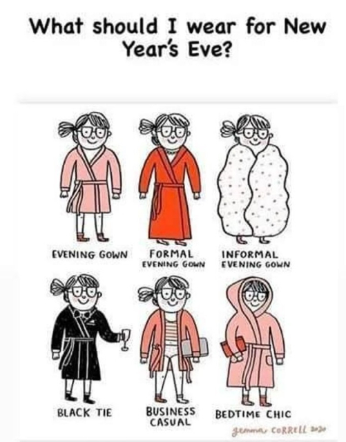 What should I wear for new year's eve? Shows doodle of woman in six outfits, a pink robe for evening gown, a full length red robe for formal evening gown, wrapped in a blanket for informal evening gown, a black robe for black tie, an open gown wearing a t-shirt and underwear for business casual, and a pink hooded robe for bedtime chic. 