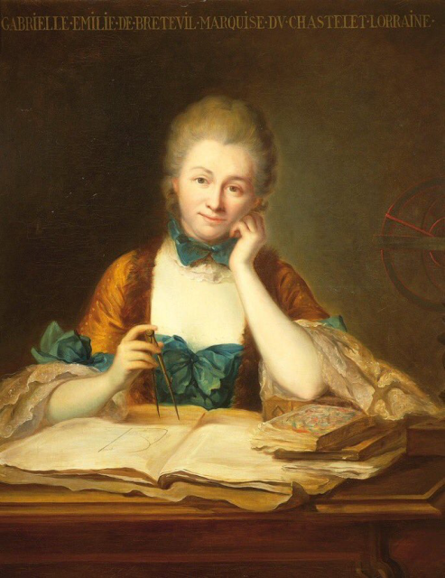 Color portrait of Émilie du Châtelet. She has papers spread out before her and holds a compass to them with her right hand. Her left elbow rests on the table and her hand is propped against her cheek. She is wearing a green dress with a green bow at her neck, and white frilly sleeves.