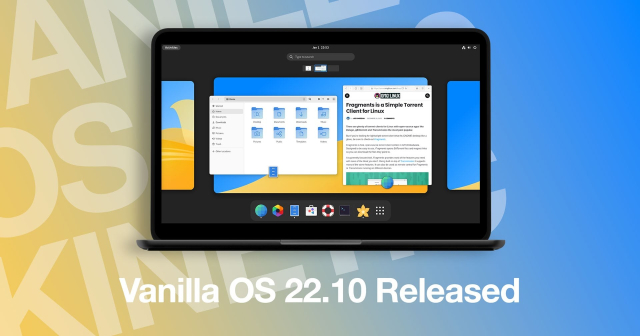 a graphic showing a laptop running Vanilla OS and text that reads "Vanilla OS 22.10 Released".