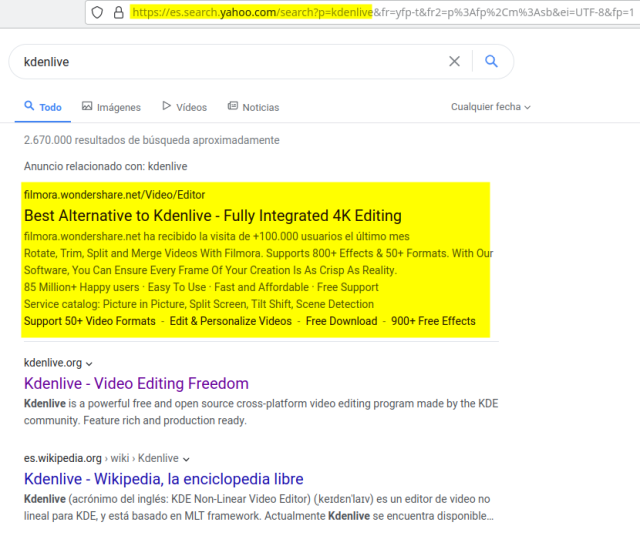 Filmora displays ads on Yahoo when you search for "kdenlive"