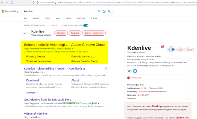 Adobe displays ads on Bing when you search for "kdenlive".
