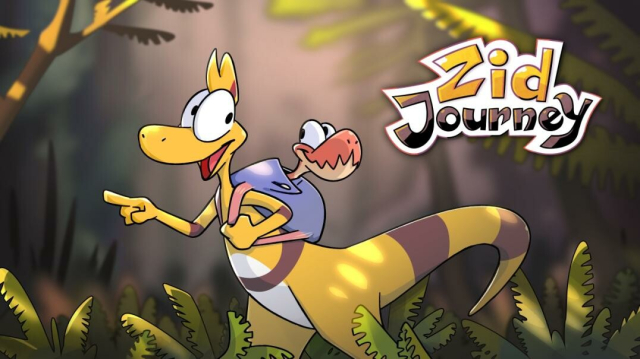 Key art of Zid Journey vudeo game. Features Zid - the main character - pointing at a direction in front of him, and looking at small baby dinosaur sticking out of Zid's backpack. Dark foresty background. Big game's logo in the upper right corner. 