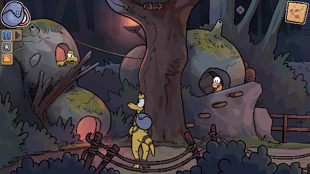 Game's location: a small dinosaur settlement at night. Two Albertadromeus are alarmed and are peeking out their round clay houses, starring at Zid.