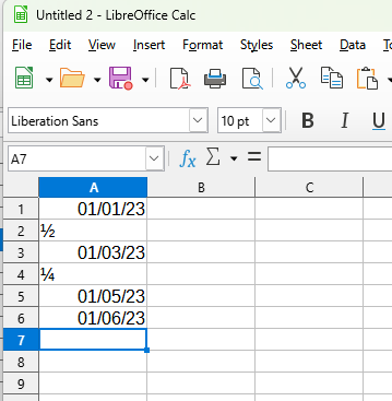 Spreadsheet screen shot showing dates from January 1 through 6 2023. The second and the fourth show fractions one-half and one-quarter, respectively, instead of dates.