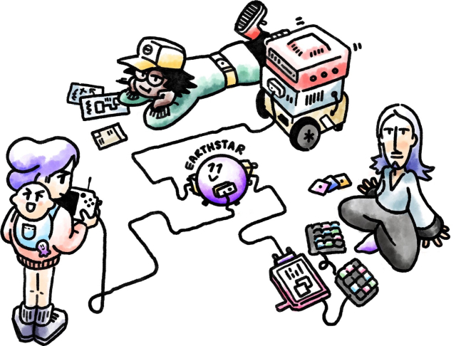 An illustration of three people networking their very custom computers together.