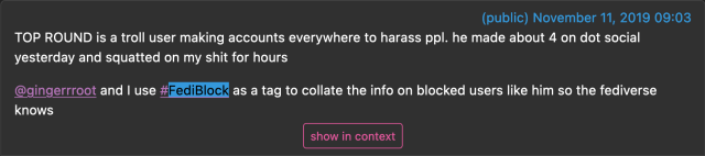 a screenshot my archive where i talk about fediblock and its use and citing ginger