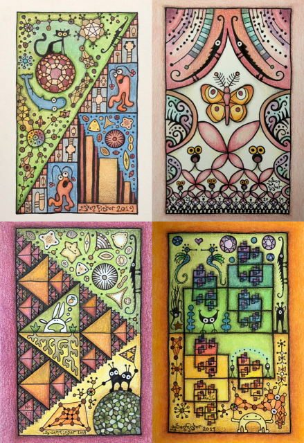 4 drawings of fractals. One includes two fractal staircases, decorated with Yip Yip muppets, a cat, whale, tessellated planet and network graphs. A second has bilateral symmetry with big squares at top, getting smaller towards the bottom, decorated with dog faces, a moth and two lizards. The third is a Sierpinski triangle with a rabbit thinking about a carrot, microbes, aliens on a tessellated planet, and a network graph. The fourth has overlapping squares that decrease in size, decorated with sea horses in love, aliens and graphs.