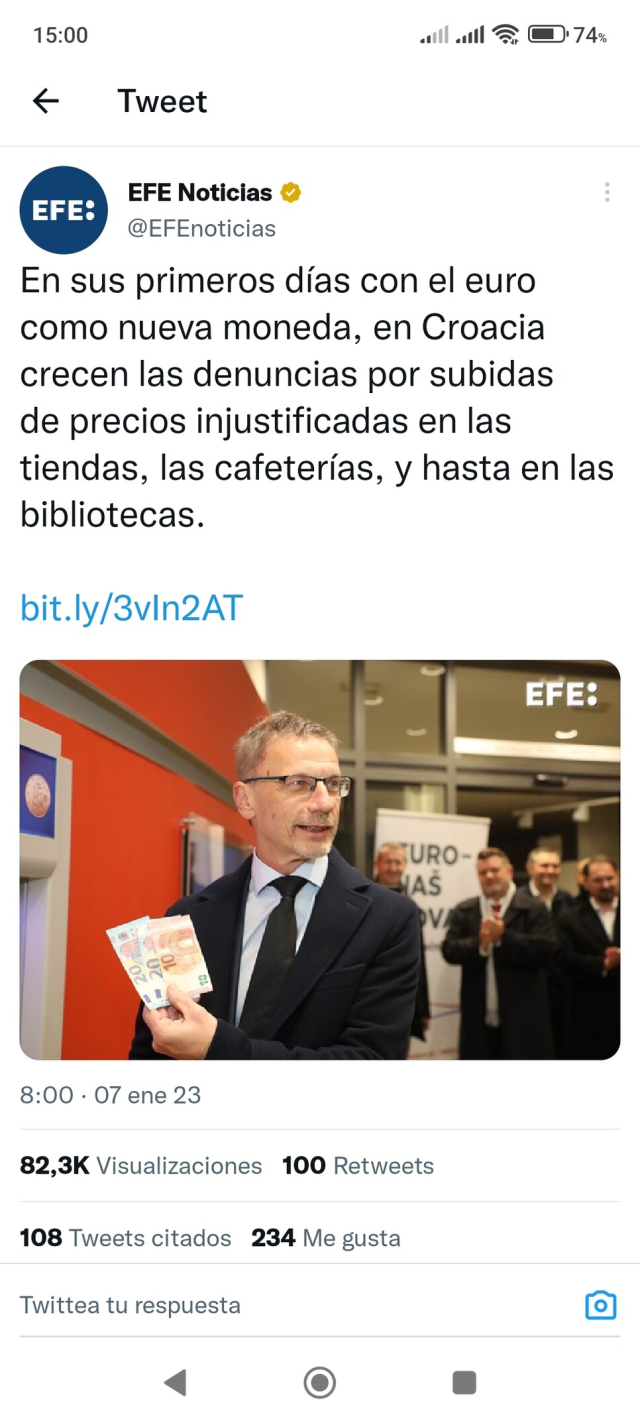 Nota de EFE: 
En sus primeros días con el euro como nueva moneda, en Croacia crecen las denuncias por subidas de precios injustificadas en las tiendas, las cafeterías, y hasta en las bibliotecas.
