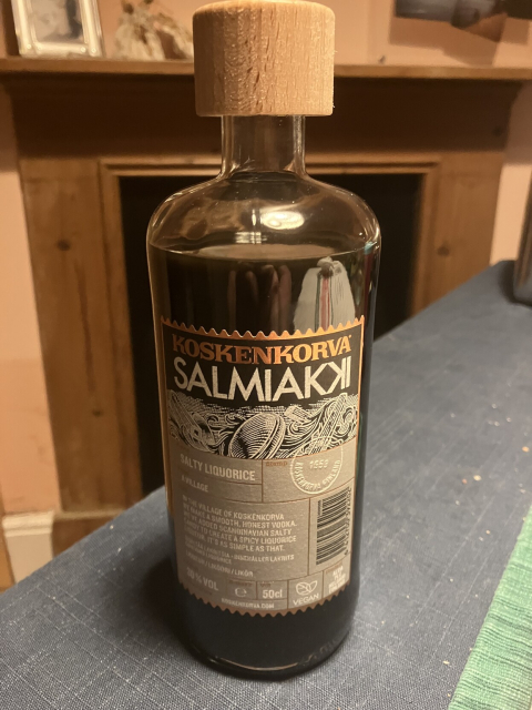 A bottle of Koskenkorva Salmiakki liqueur 