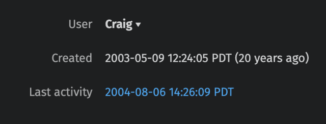 Account created in 2003, last activity was in 2004
