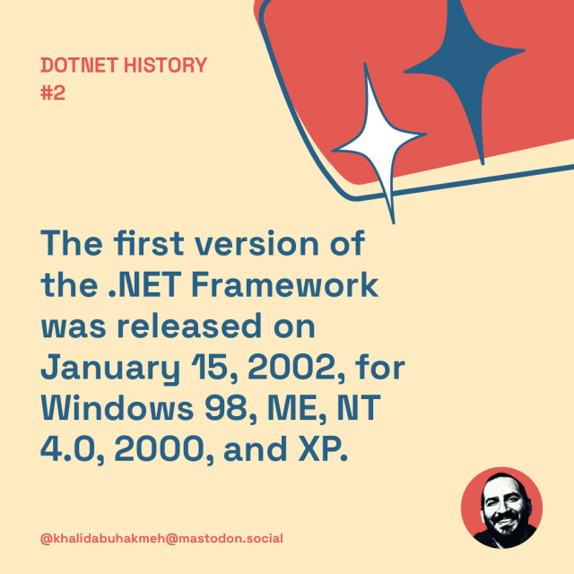 The first version of the .NET framework was released on January 15, 20022, for Windows 98, ME, NT 4.0, 2000, and XP.
