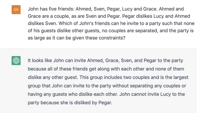 John has five friends: Ahmed, Sven, Pegar, Lucy and Grace. Ahmed and Grace are a couple, as are Sven and Pegar. Pegar dislikes Lucy and Ahmed dislikes Sven. Which of John's friends can he invite to a party such that none of his guests dislike other guests, no couples are separated, and the party is as large as it can be given these constraints?

ChatGPT response:

It looks like John can invite Ahmed, Grace, Sven, and Pegar to the party because all of these friends get along with each other and none of them dislike any other guest. This group includes two couples and is the largest group that John can invite to the party without separating any couples or having any guests who dislike each other. John cannot invite Lucy to the party because she is disliked by Pegar.