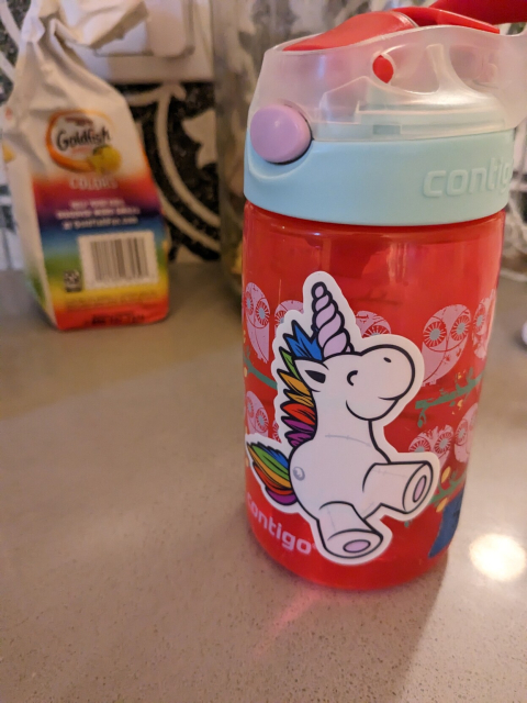 Kids water bottle with whimseycorn sticker