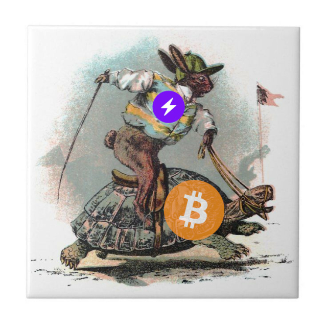 Drawing of a hare, with lightning logo on it, riding a turtle, with a Bitcoin logo.