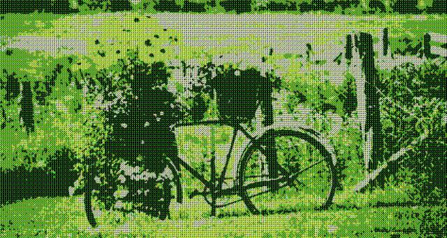 Heavily dithered image of a bicycle next to a fence in in front of some plants in a rural setting. It's the title graphic of the blog post.