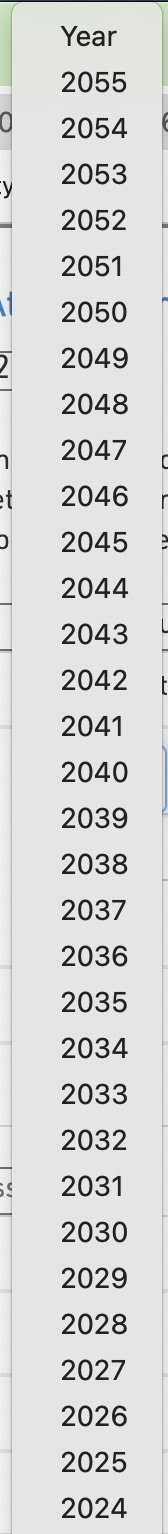 An open select dropdown control. Options at top start with the word Year, then go from 2055 down to 2024. The options are cut off from image at that point.