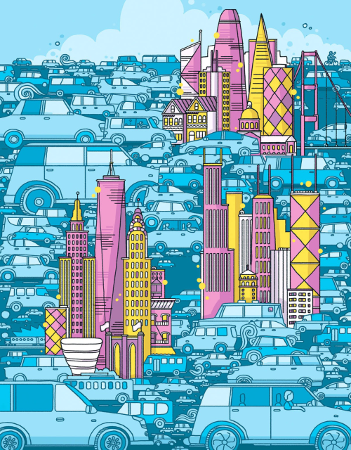 Cartoon illustration of cities and cars