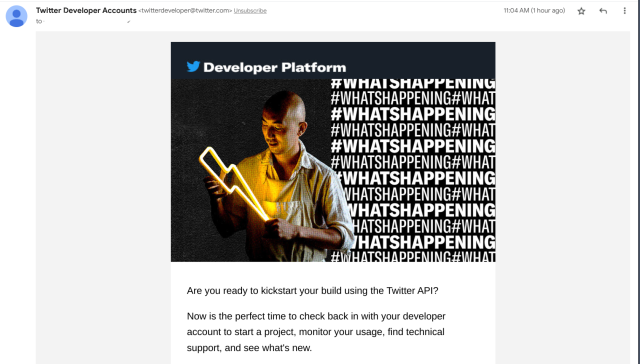 An email from Twitter encouraging developers to start using the Twitter API