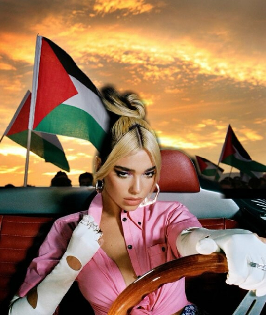 Dua Lipa in a car with Palestinians waving flags behind her.