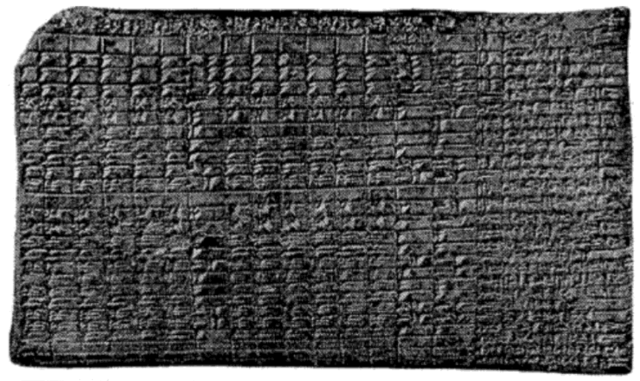 Black-and-white image of a clay tablet with horizontal and vertical lines forming what looks like a familiar spreadsheet. Most of the text, written in cuneiform, is in the rightmost column. There are also cuneiform signs in the cells.