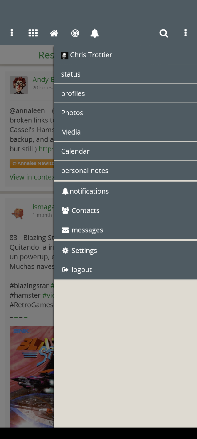 Friendica sidebar showing features