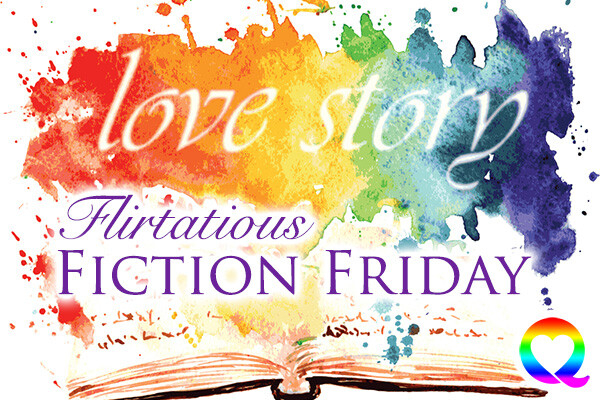 Flirtatious Fiction Friday graphic - watercolor rainbow splash with the words Love Story in white, open book at bottom