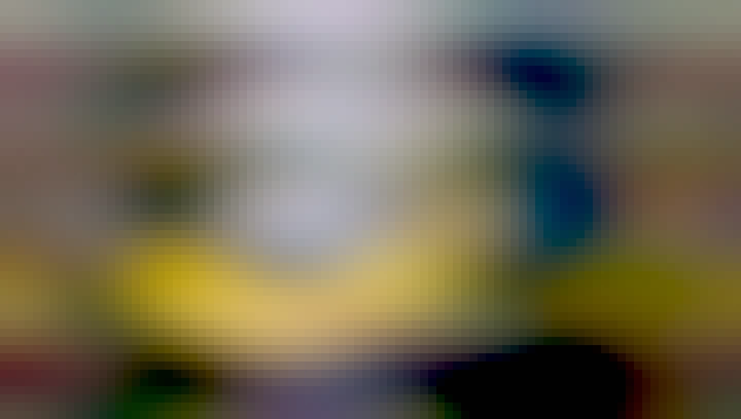 A painting of a banana lying against a white vase on top of a black table. The table is reflecting a small amount of light toward the center.