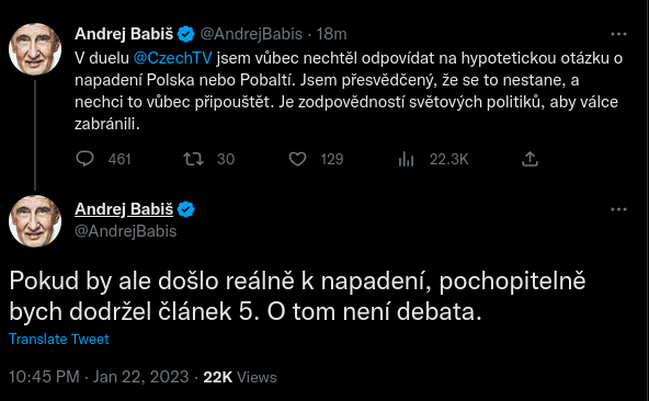 Screen z twitteru, kde účet Babiše tvrdí že by "samozřejmě" v případě napadení dodržel závazky NATO