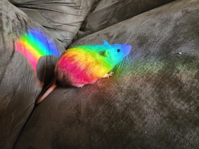 Unaltered photo of a vibrant rainbow-colored domestic rat, courtesy of light refraction
