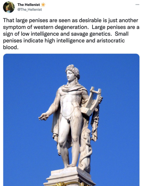 The Hellenist
@The_Hellenist

That large penises are seen as desirable is just another symptom of western degeneration. Large penises are a sign of low intelligence and savage genetics. Small penises indicate high intelligence and aristocratic blood.
